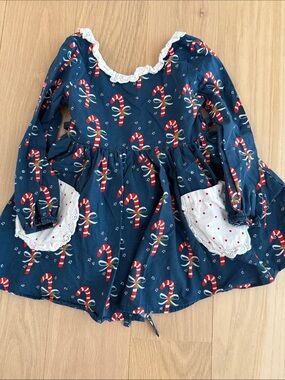 SweetHoney Navy Blue Candy Cane Print Holiday Dress with White Pockets